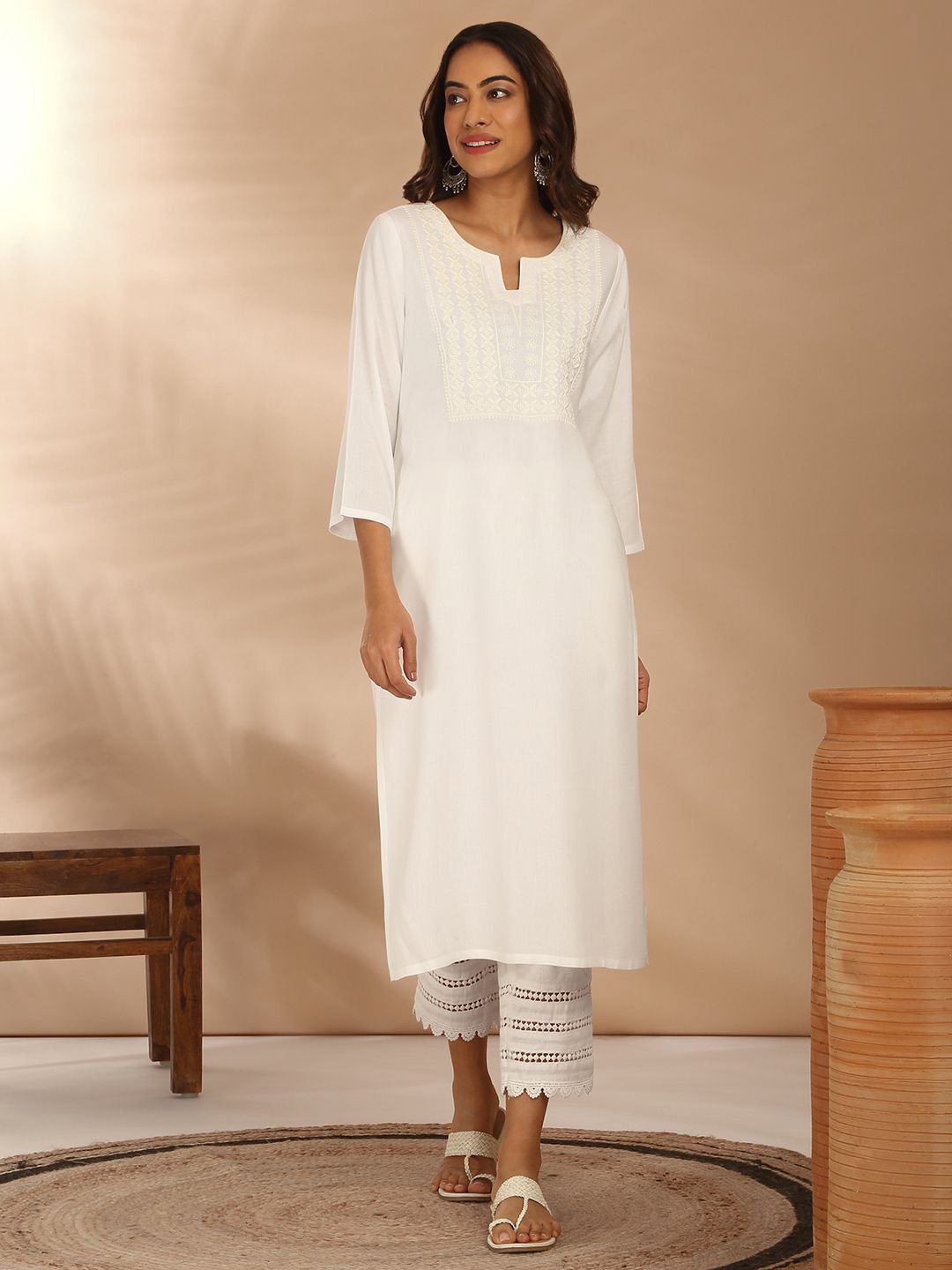 

Likha Yoke Embroidered White Straight Women Kurta
