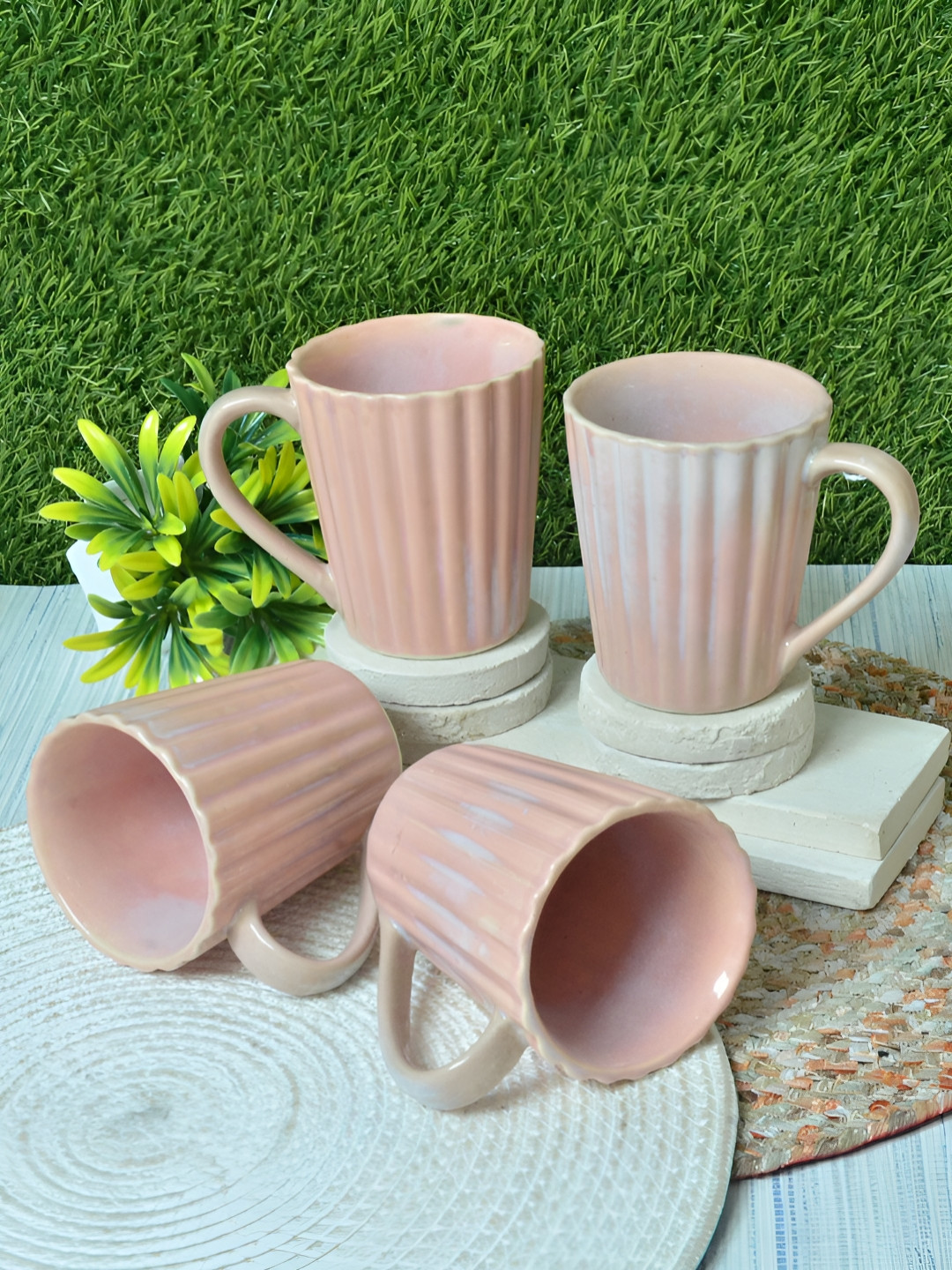 

FABINALIV Pink 4 Pieces Textured Ceramic Glossy Mugs Set of Cups and Mugs
