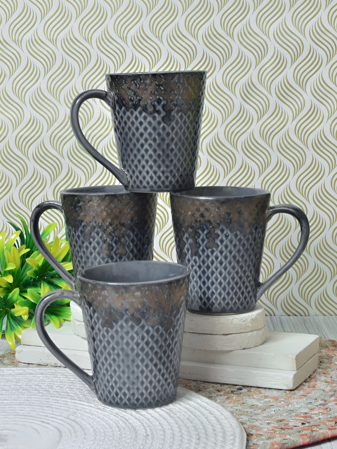 

FABINALIV Grey 4 Pieces Textured Ceramic Glossy Mugs Set of Cups and Mugs