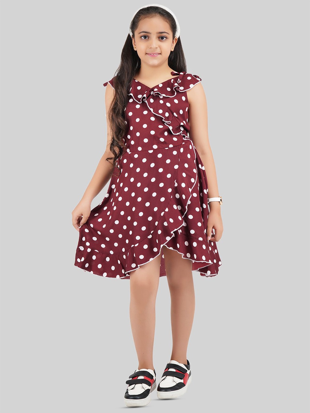 

BEING NAUGHTY Girls Polka Dot Printed Ruffle Fit & Flare Dress, Brown