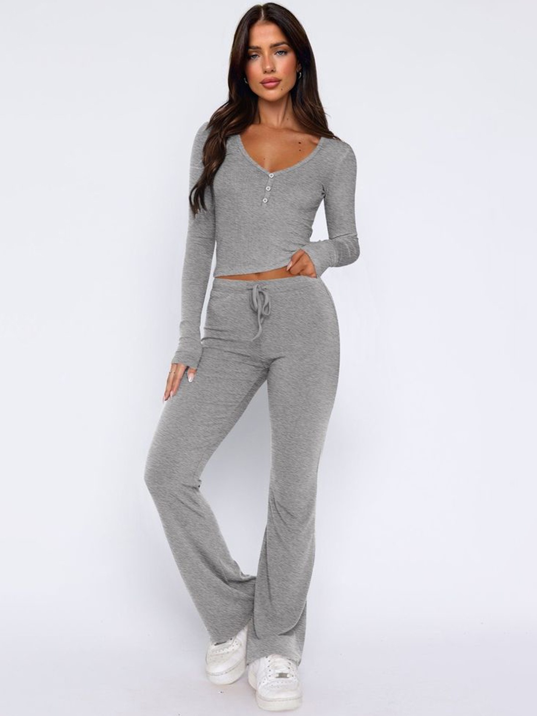 

LULU & SKY V-Neck Long Sleeves Top With Trouser, Grey