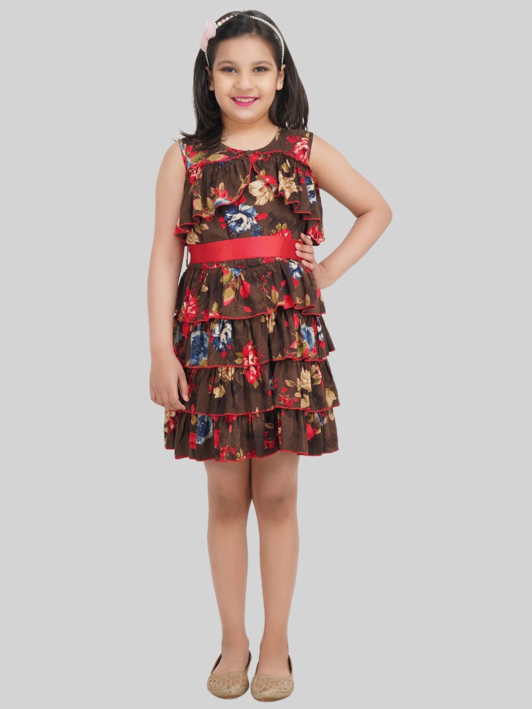 

BEING NAUGHTY Girls Floral Printed Fit and Flare Dress, Brown