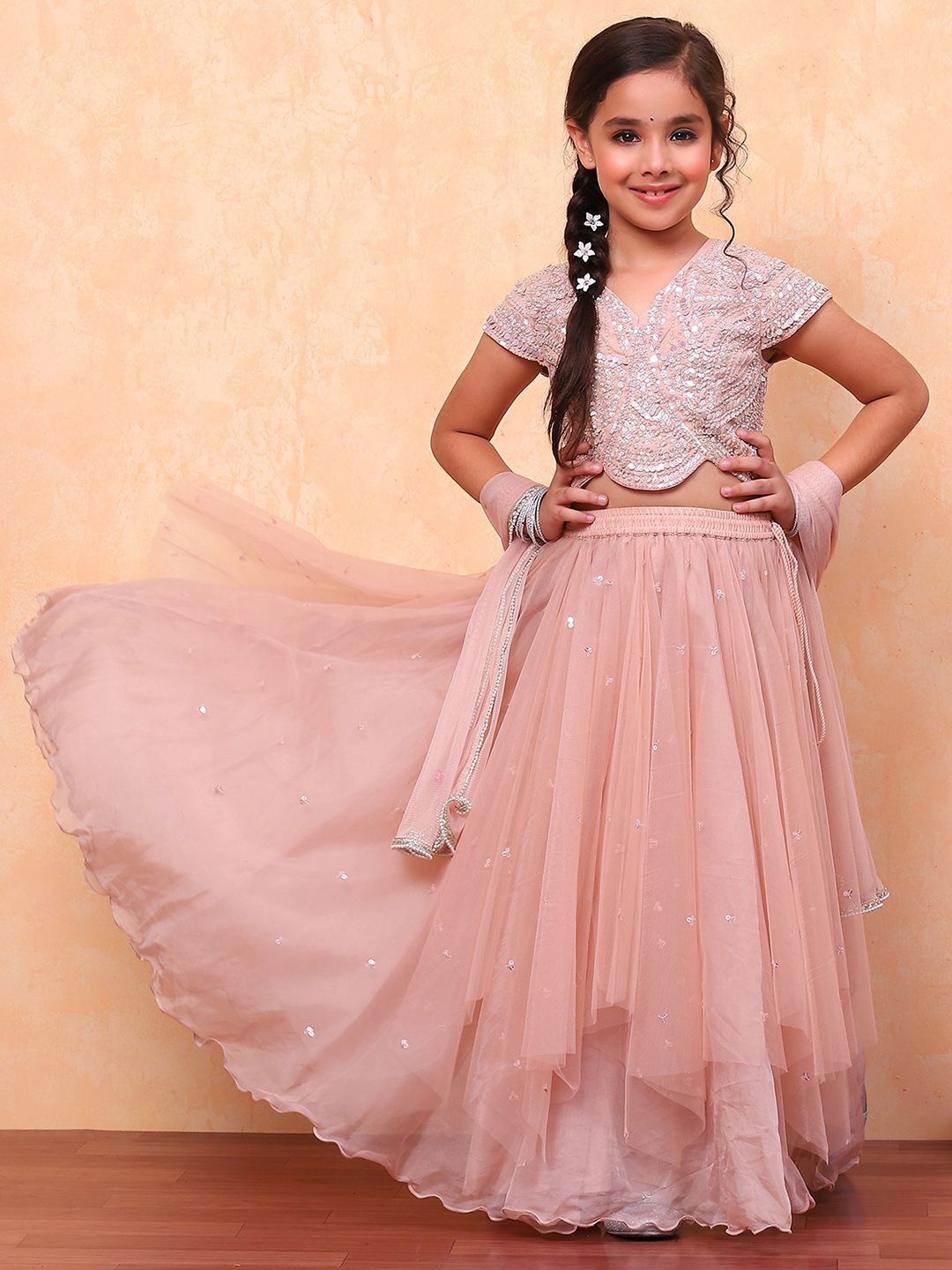 

Biba Girls Floral Embroidered Sequinned Ready to Wear Lehenga & Blouse With Dupatta, Peach