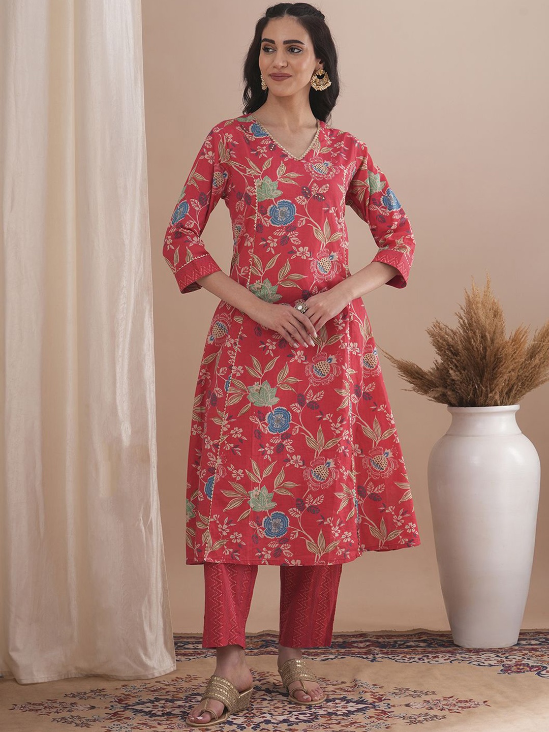 

FASHOR Floral Printed Sequinned Pure Cotton Panelled A-Line Kurta With Trouser, Peach