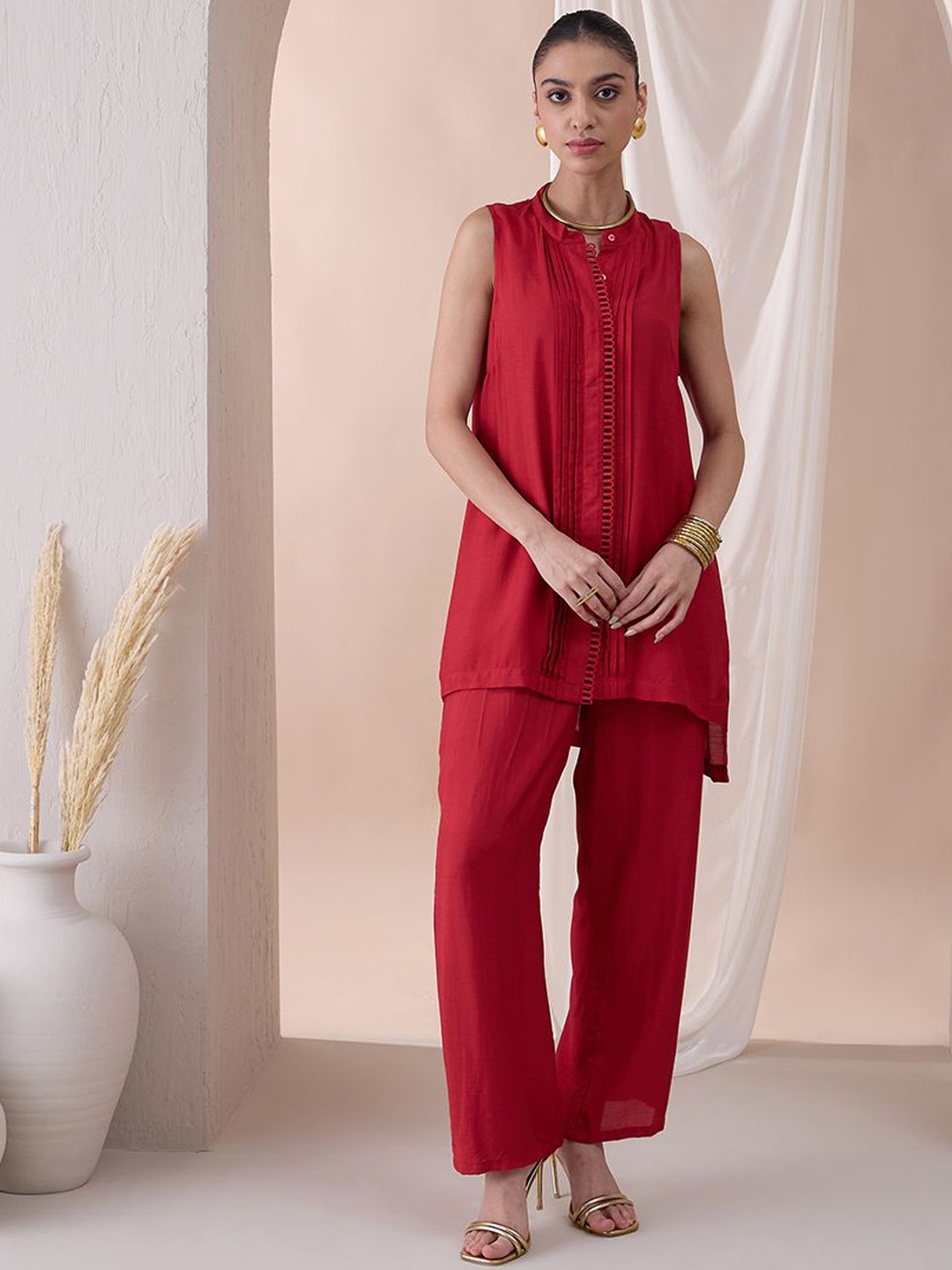 

FEMMELLA Embellished Band Collar Tunic With Trousers Co-Ords, Red