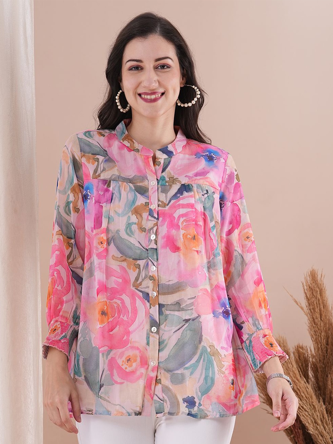 

FASHOR Floral Printed A-Line Pleated Tunic, Pink