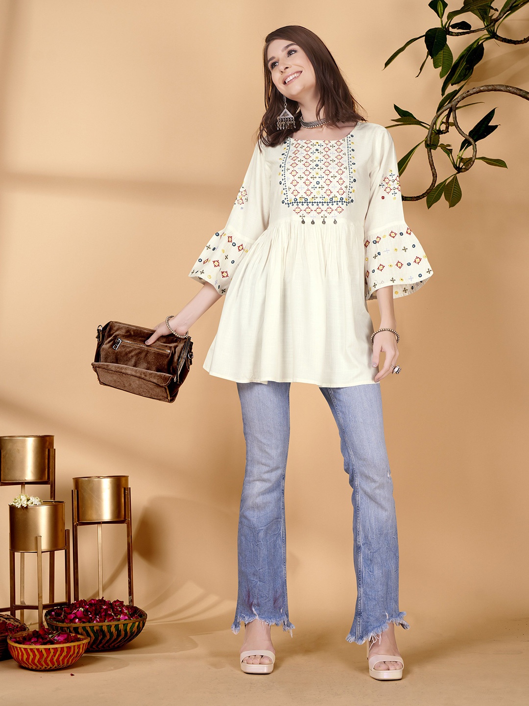 

RANGMAYEE Embroidered Bell Sleeve Top, White