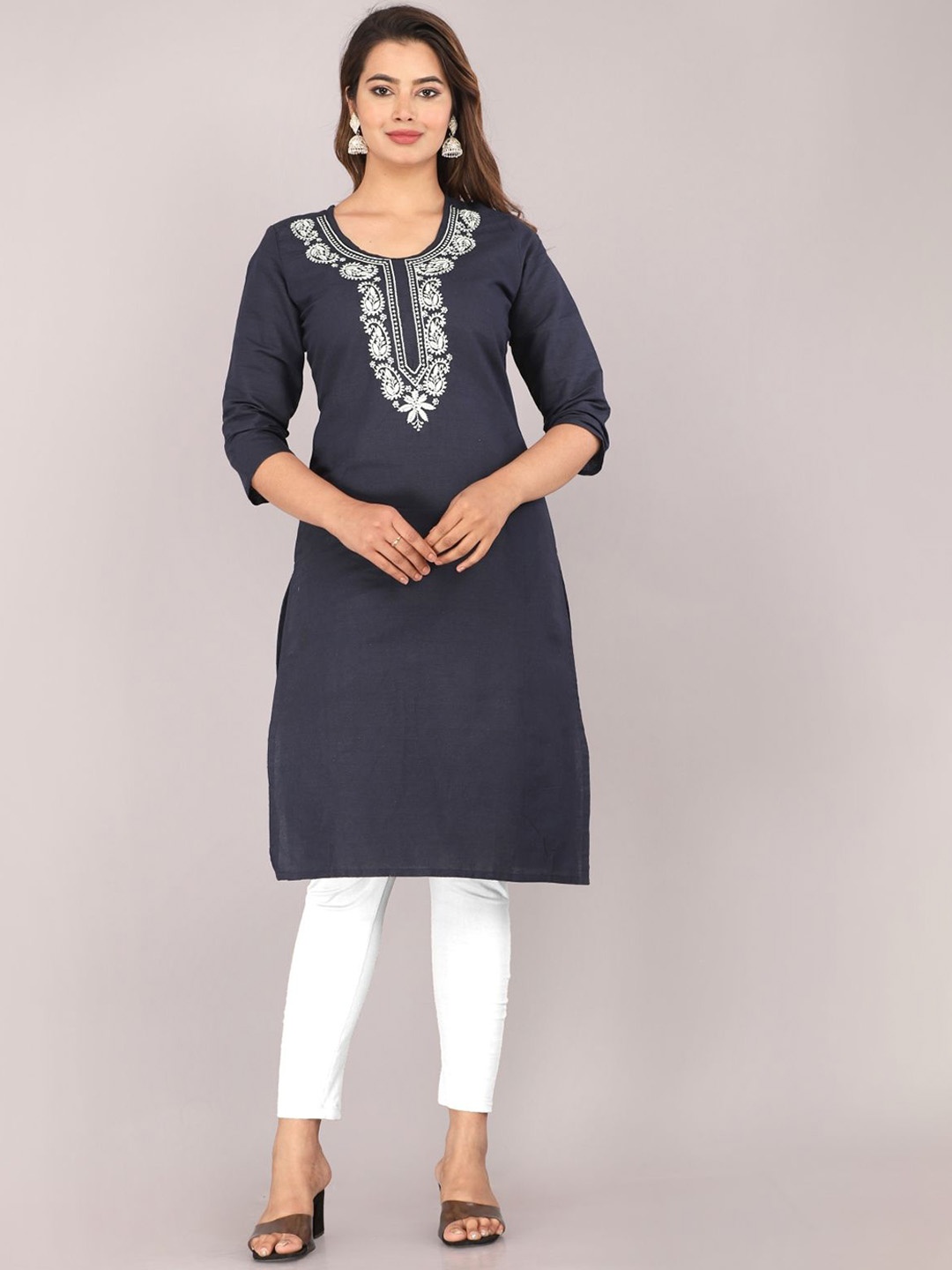 

Mehsoos Ethnic Motifs Yoke Design Thread Work Cotton Straight Kurta, Navy blue