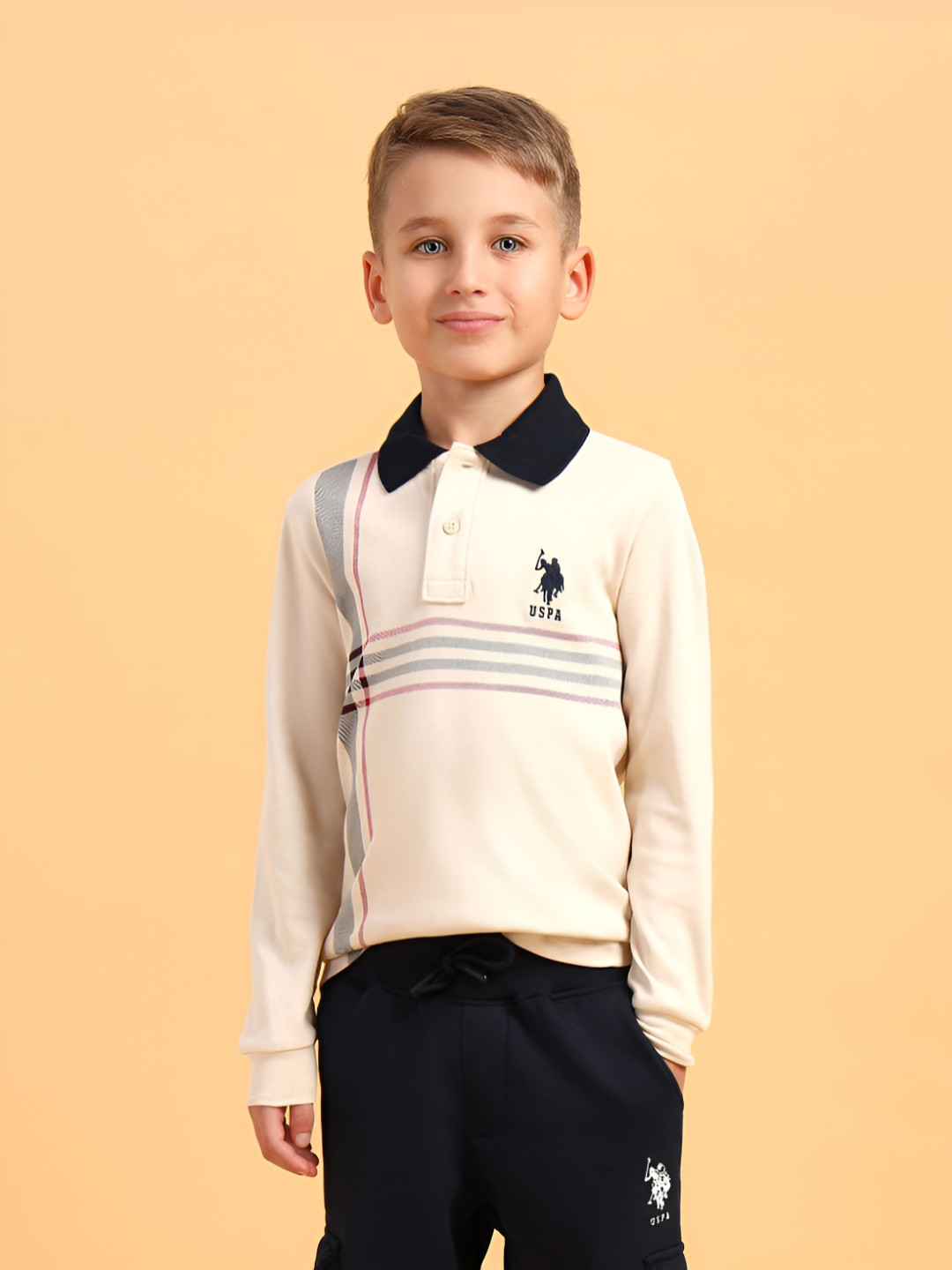 

U.S. Polo Assn. Kids Boys Striped Polo Collar Cotton T-shirt, Beige