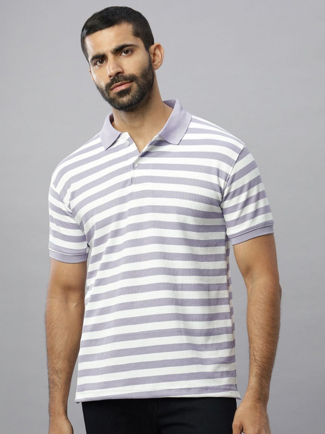 

N AND J Men Striped Polo Collar Cotton T-shirt, Lavender