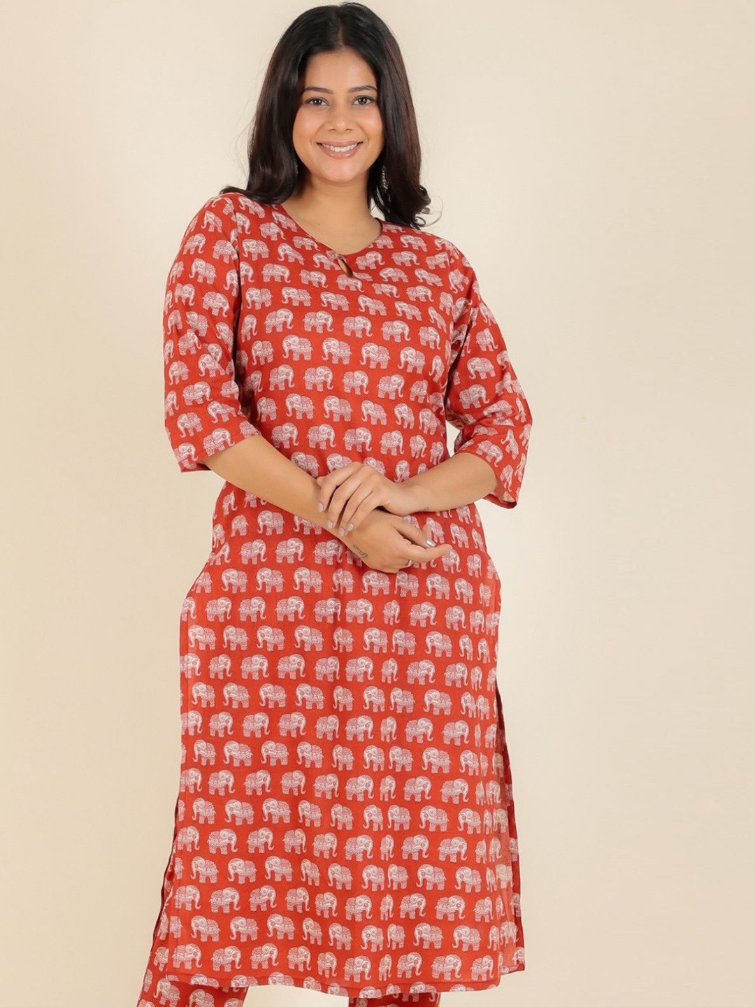 

Aramya Animal Printed Cotton Straight Kurta, Red