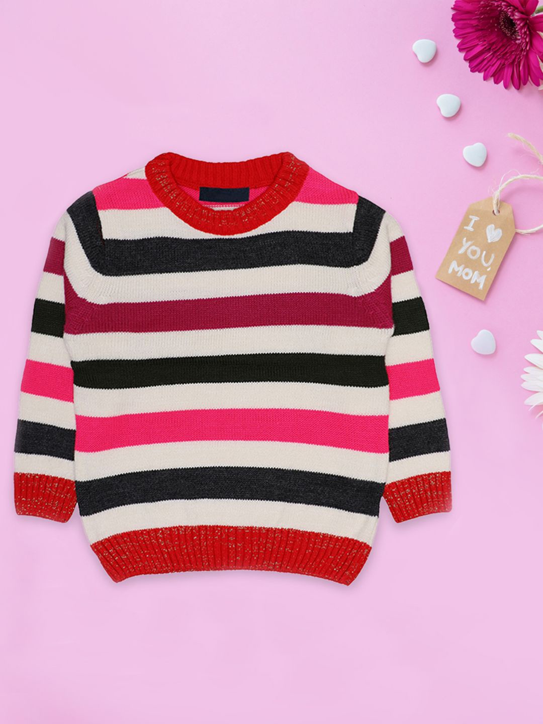 

CHKOKKO Girls Striped Woollen Pullover, Red