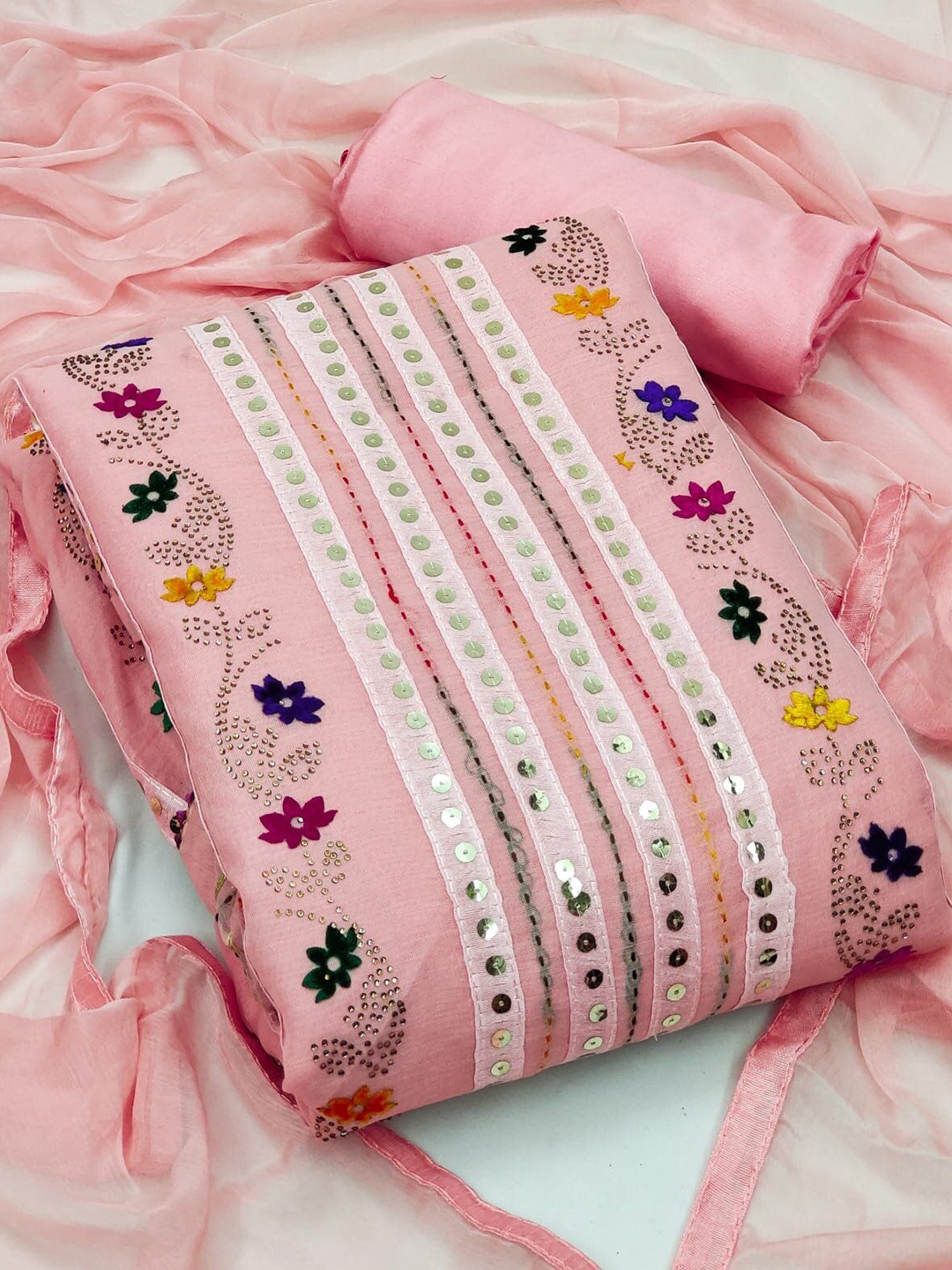 

Maroosh Floral Embroidered Chanderi Cotton Unstitched Dress Material, Pink