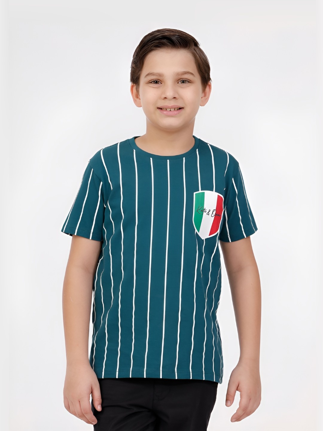 

KATE & OSCAR Boys Striped Printed Round Neck Cotton T-shirt, Teal
