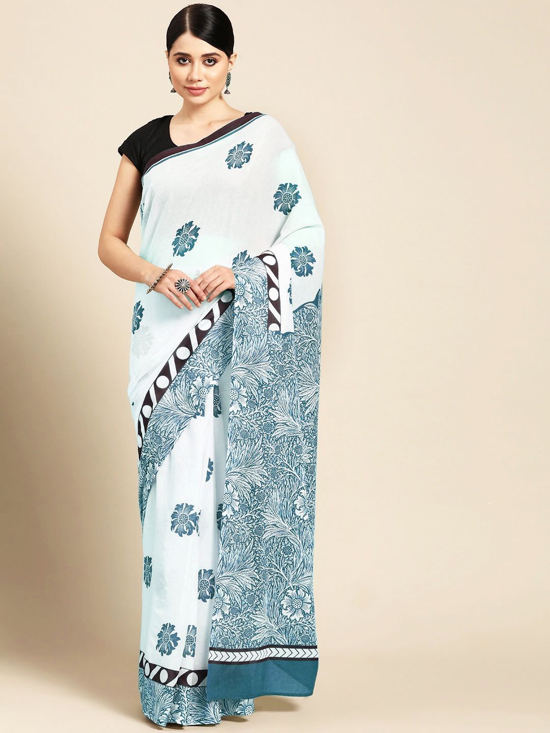 

BUTA BUTI Pure Cotton Floral daily Saree, Blue