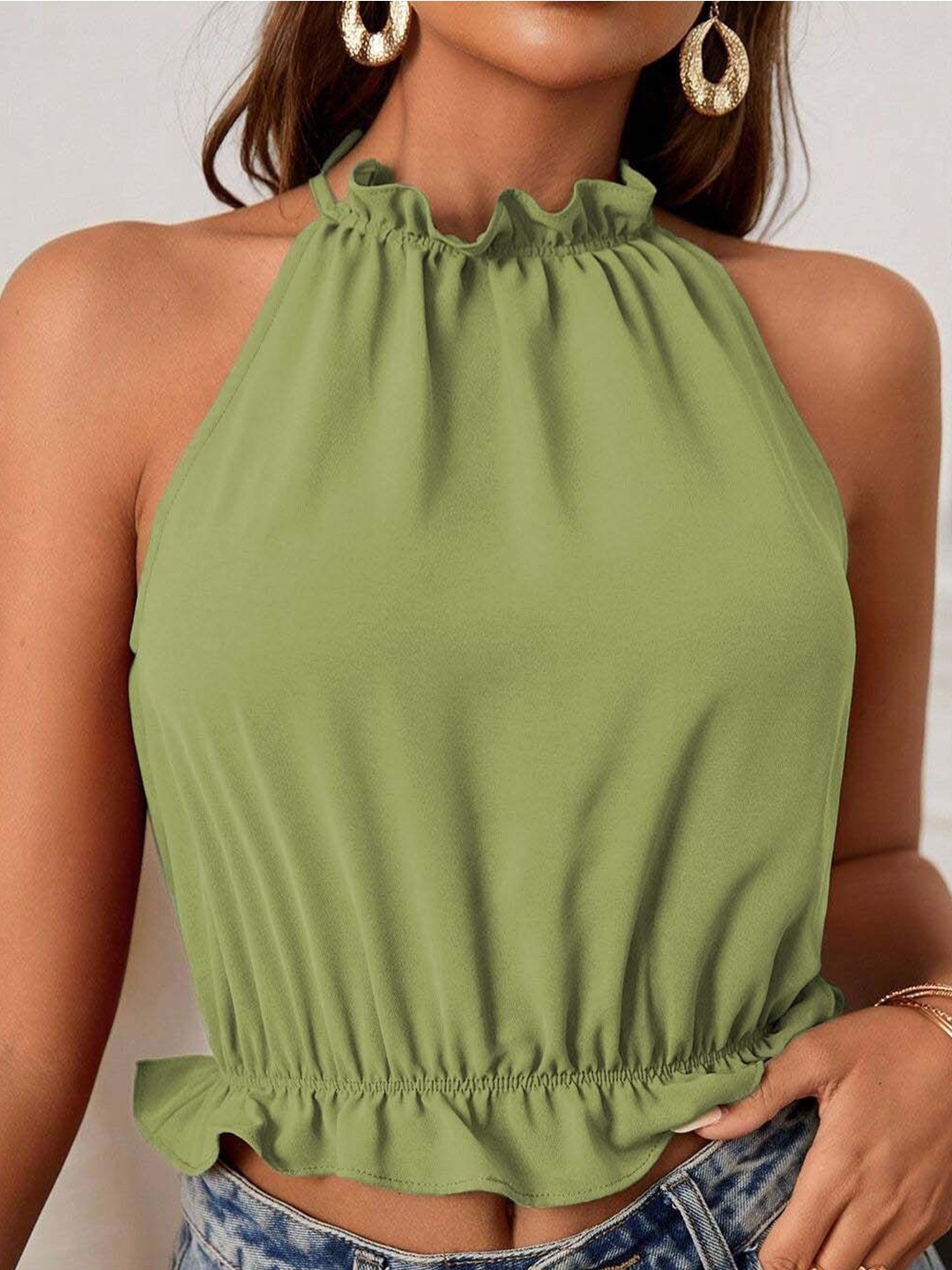 

HERE&NOW Women Halter Neck Solid Top, Green