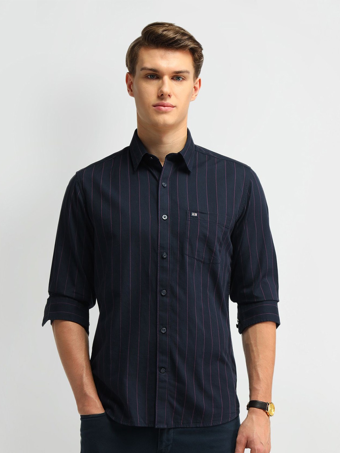 

Arrow Sport Men Manhattan Slim Fit Opaque Striped Formal Shirt, Navy blue