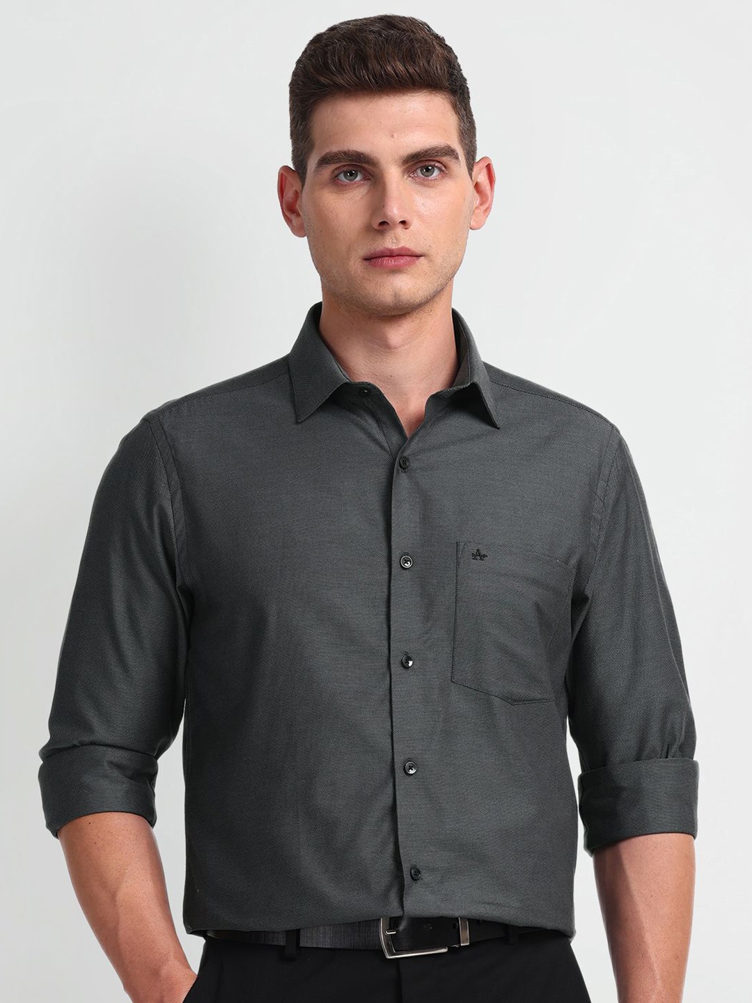 

Arrow Men Classic Spread Collar Micro Ditsy Solid Cotton Formal Shirt, Charcoal