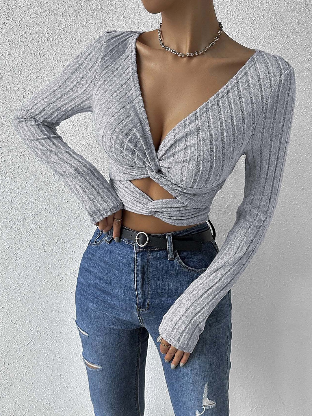 

HERE&NOW Women V-Neck Wrap Crop Top, Grey