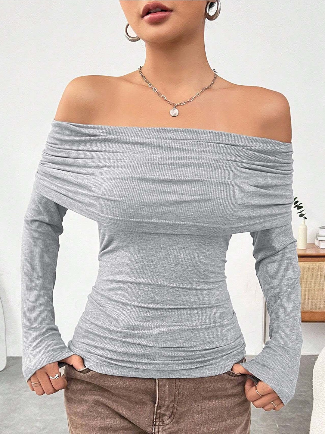 

HERE&NOW Off-Shoulder Bardot Top, Grey