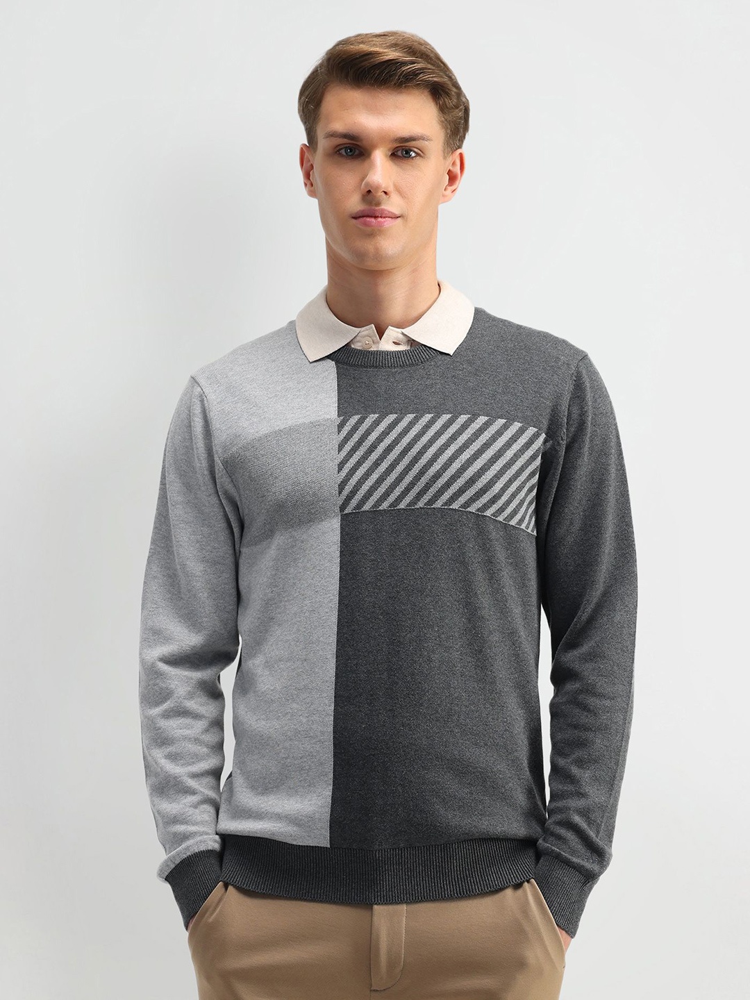 

Arrow Men Colourblocked Pure Cotton Pullover Sweaters, Grey