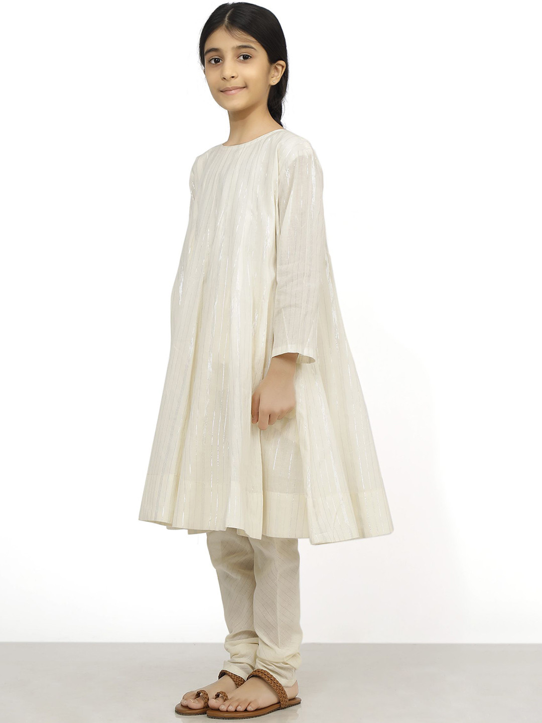 

TJORI Girls Striped A Line Pure Cotton Kurta with Trousers, Off white