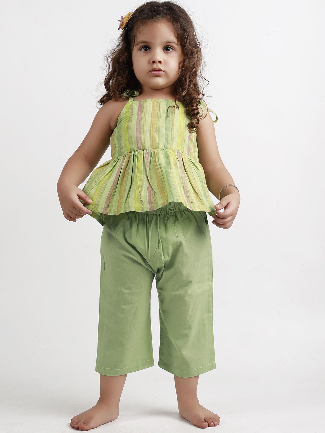 

TJORI Girls Printed Angrakha Pure Cotton Kurti with Trousers, Green