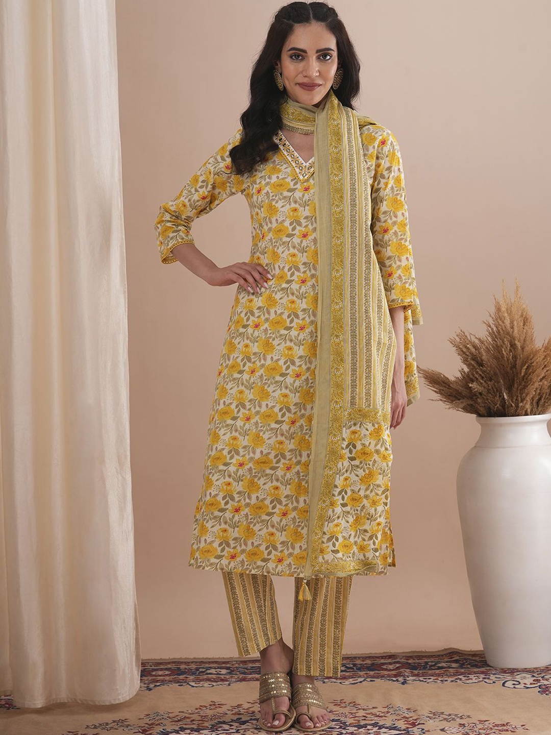 

FASHOR Floral Printed Mirror Work Pure Cotton Straight Kurta With Trouser & Dupatta, Yellow