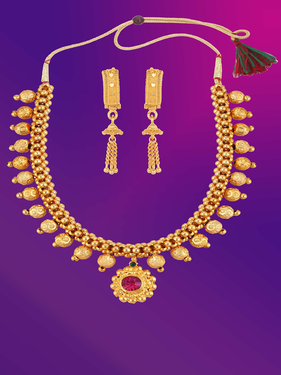 

Lila Gold Plated Stones Studded & Beaded Necklace and Earrings