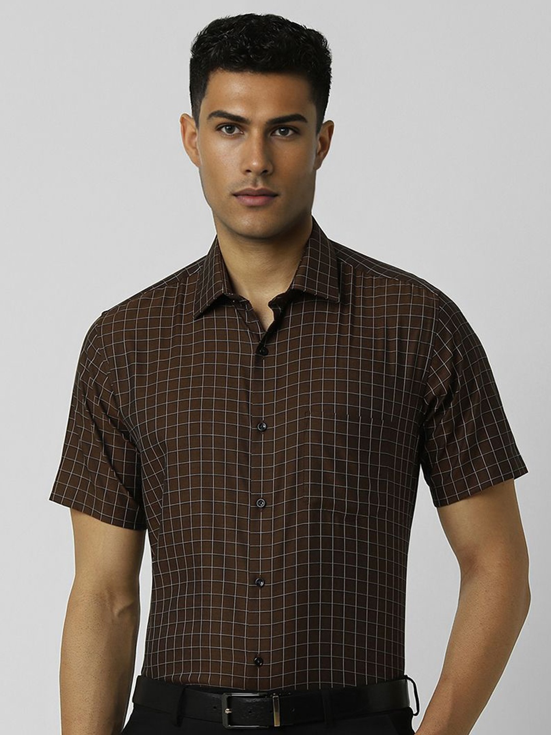 

Van Heusen Men Spread Collar Checked Cotton Slim Fit Formal Shirt, Brown