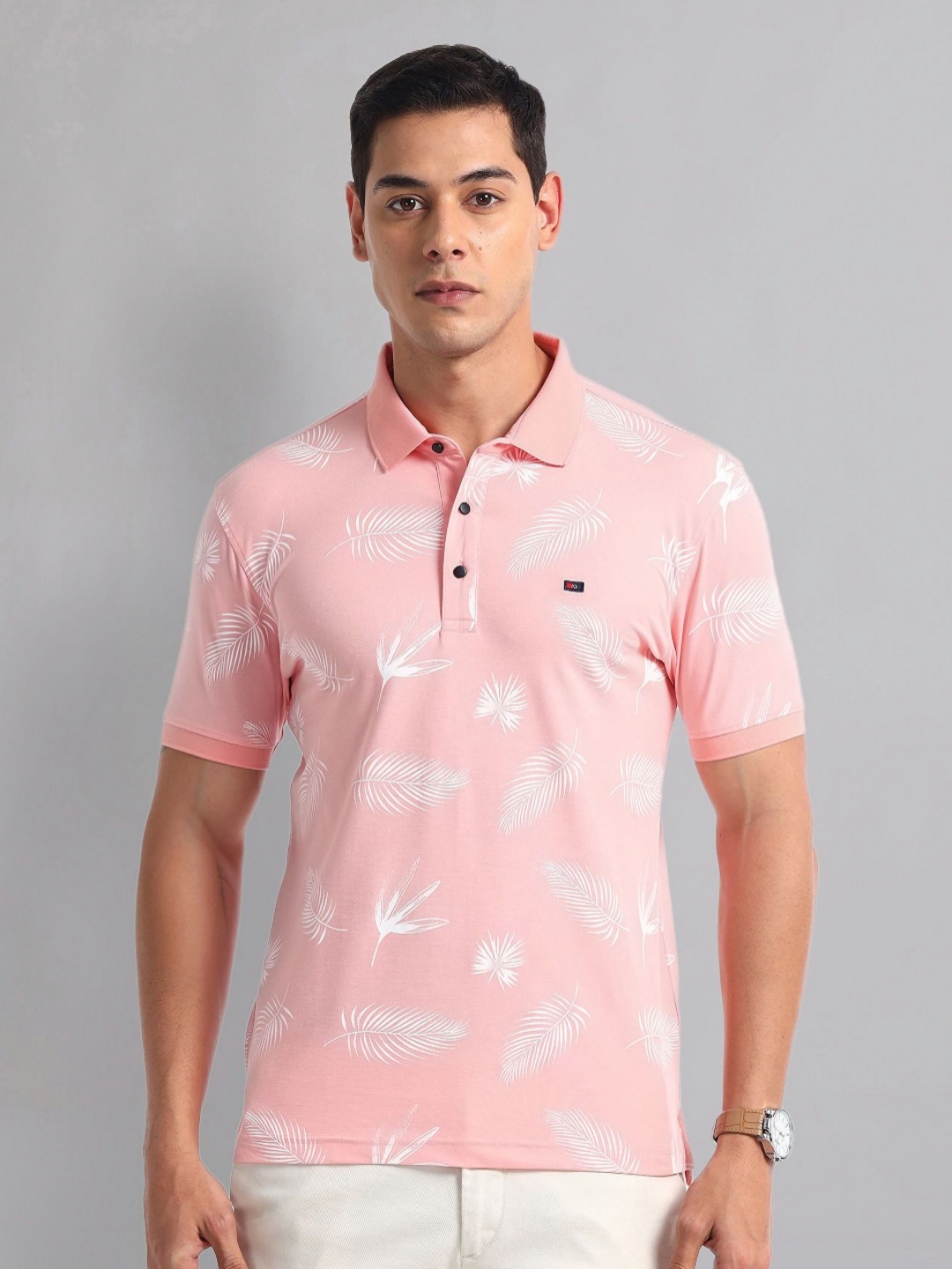 

AD By Arvind Men Floral Printed Polo Collar Slim Fit T-shirt, Pink