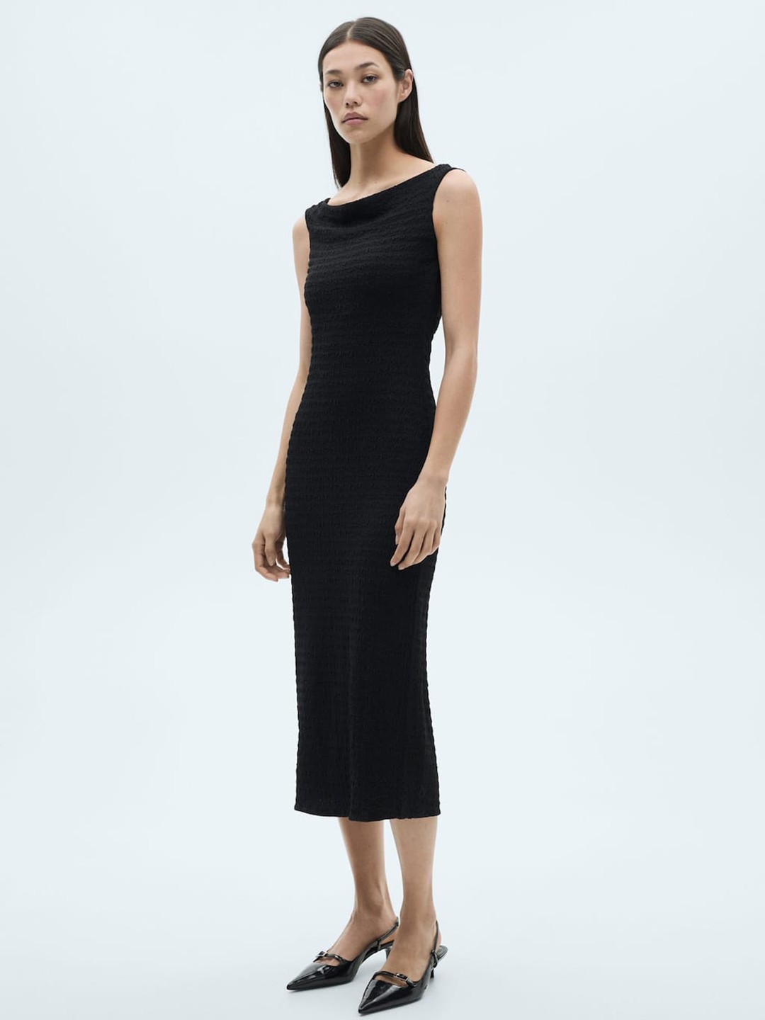 

MANGO Boat Neck Textured Sleeveless Bodycon Midi Dress, Black
