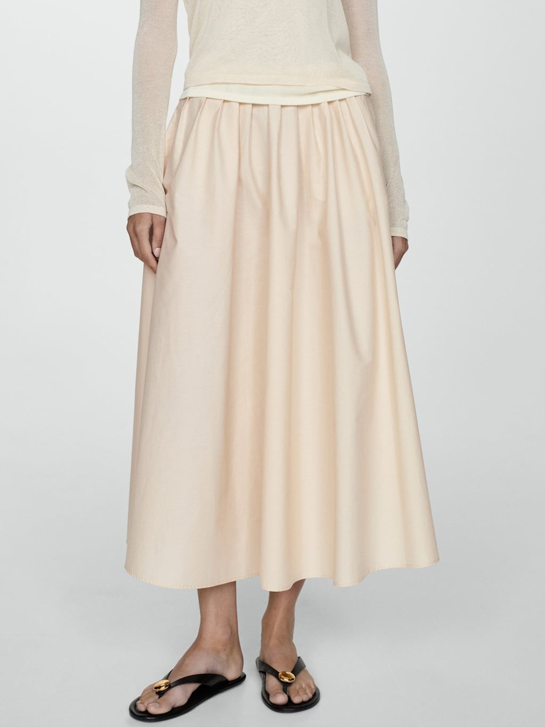 

MANGO Pleated Pure Cotton Flared Midi Skirt, Beige