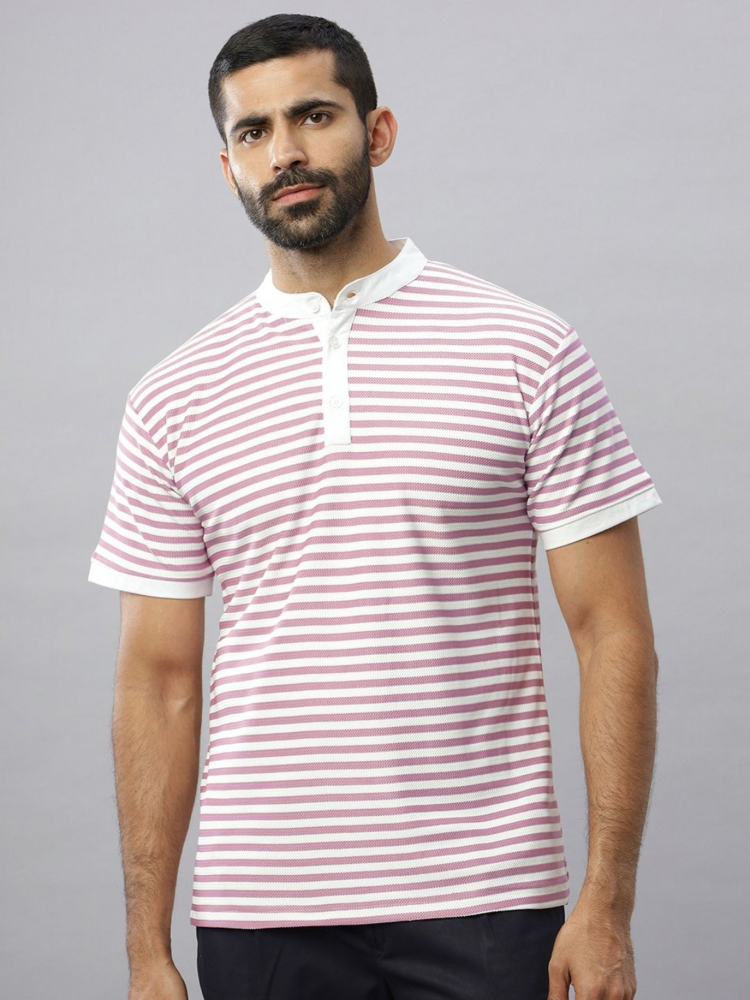 

N AND J Men Striped Henley Neck Cotton T-shirt, Pink