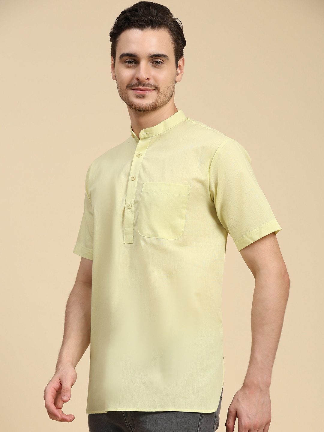 

SKAVIJ Mandarin Collar Cotton Short Straight Kurta, Lime green