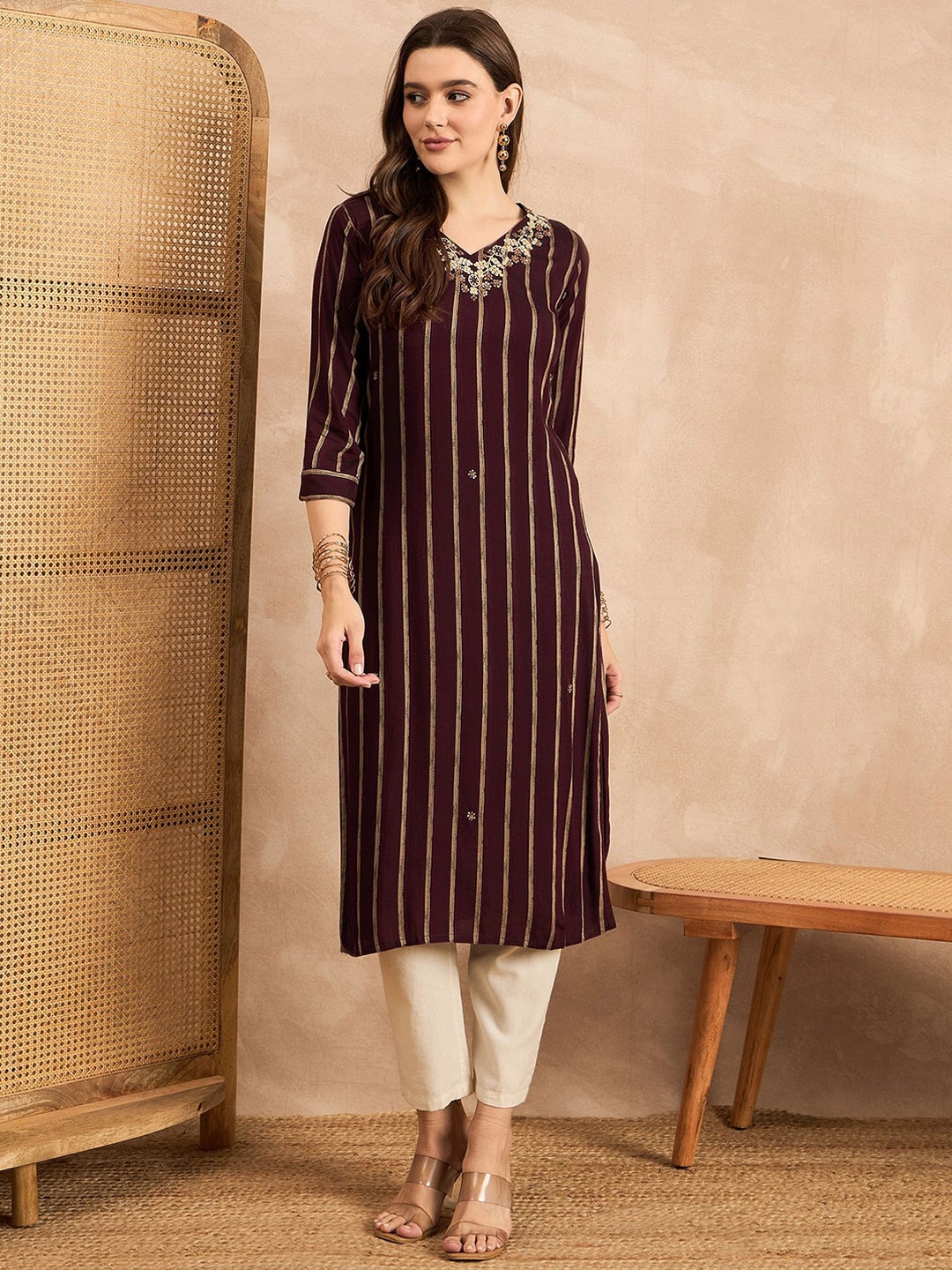 

all about you Striped V-Neck Thread Work Straight Kurta, Maroon