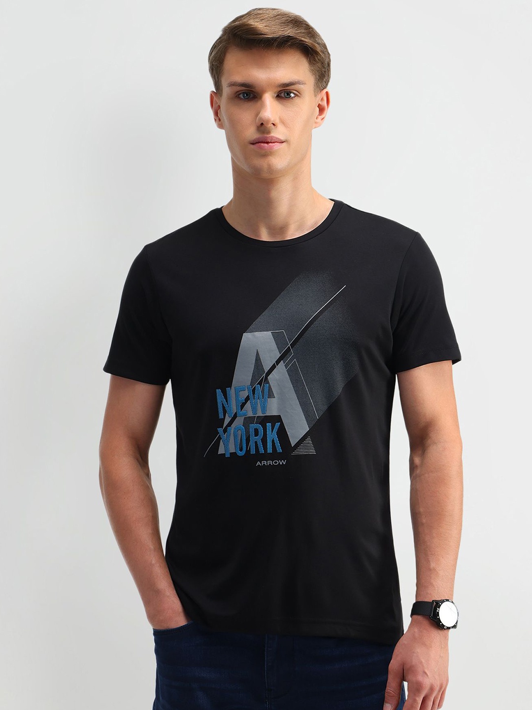 

Arrow New York Men Typography Printed Round Neck Cotton T-shirt, Black