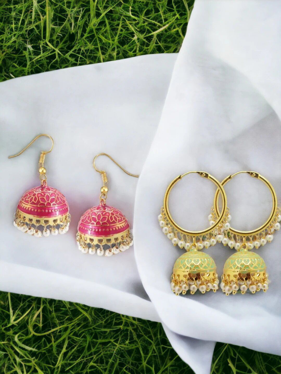 

9blings Set Of 2 Gold Plated Beaded Dome Shaped Meenakari Jhumkas, Pink