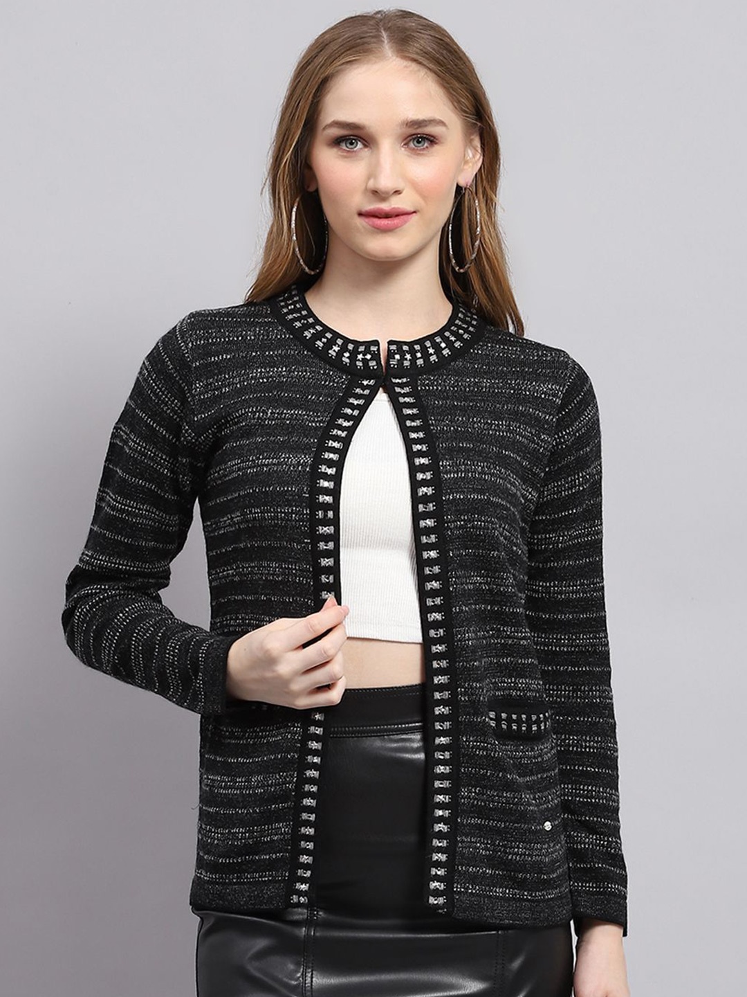 

Monte Carlo Women Woollen Long Sleeves Cardigan, Black