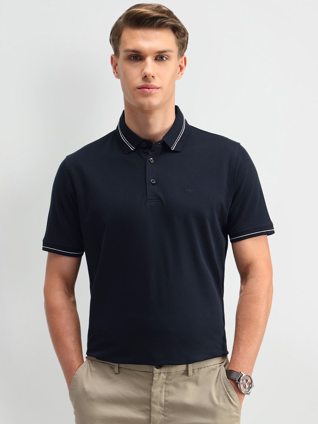 

Arrow Men Self Design Polo Collar Cotton T-shirt, Navy blue