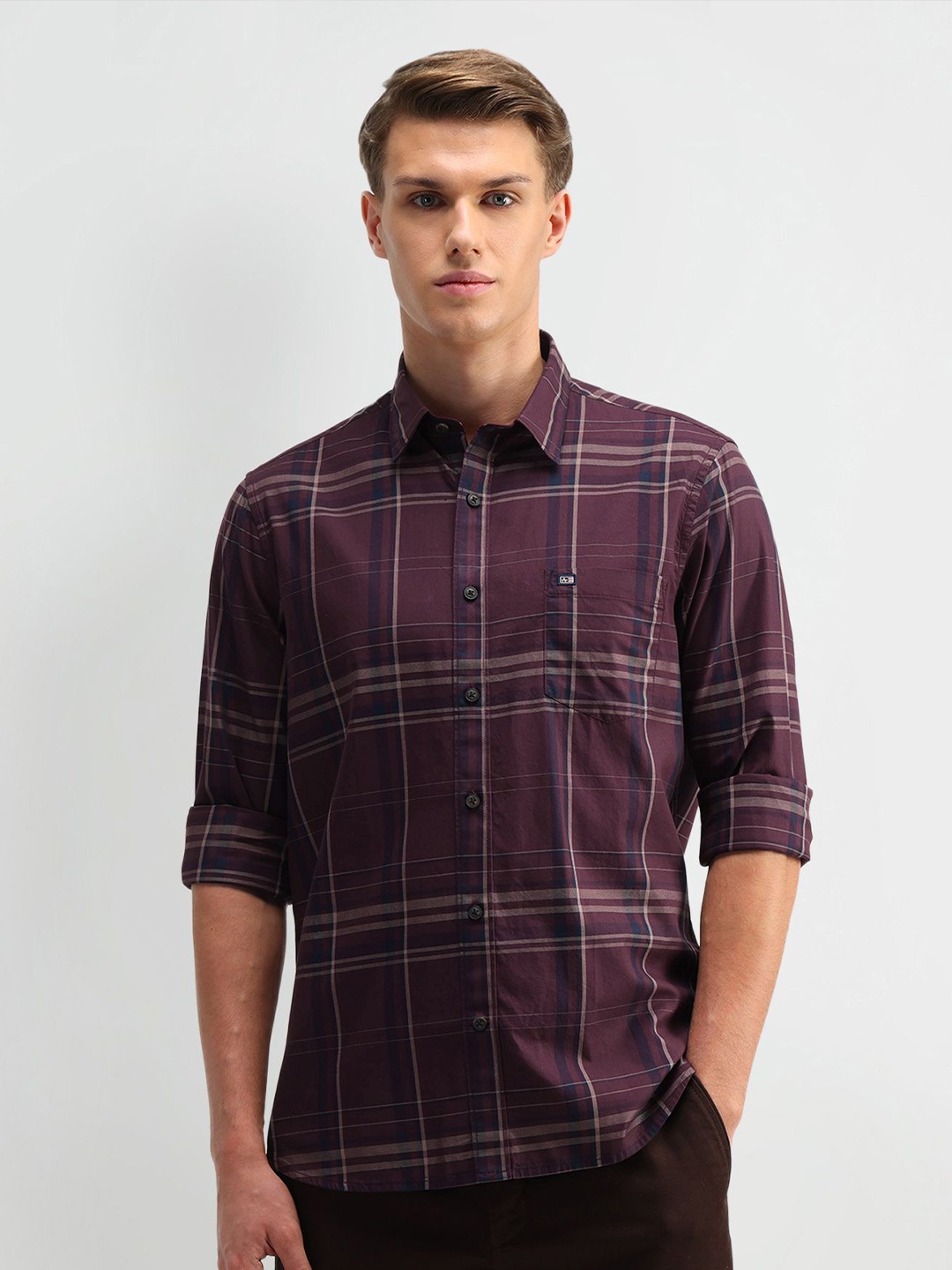 

Arrow Sport Men Classic Tailored Fit Opaque Checked Casual Shirt, Burgundy