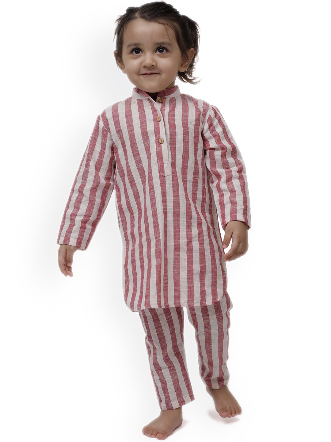 

TJORI Girls Striped Printed Mandarin Collar Pure Cotton Curved Kurta With Trousers, Pink