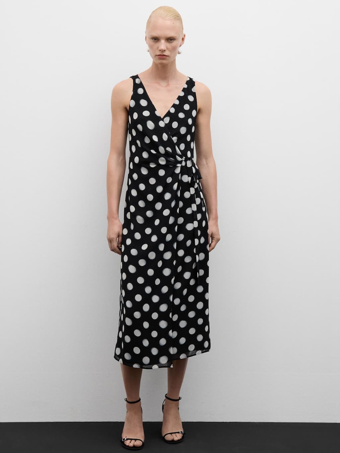 

MANGO Polka Dot Print Sleeveless Wrap Midi Dress, Black