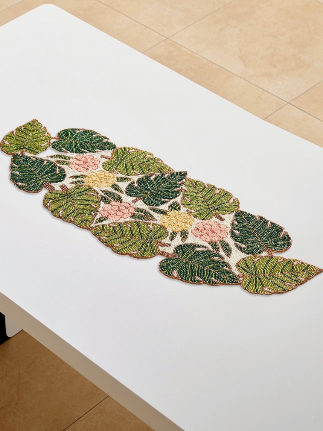 

Home Centre Corsica Green & White Floral Moksha Beaded Table Runner