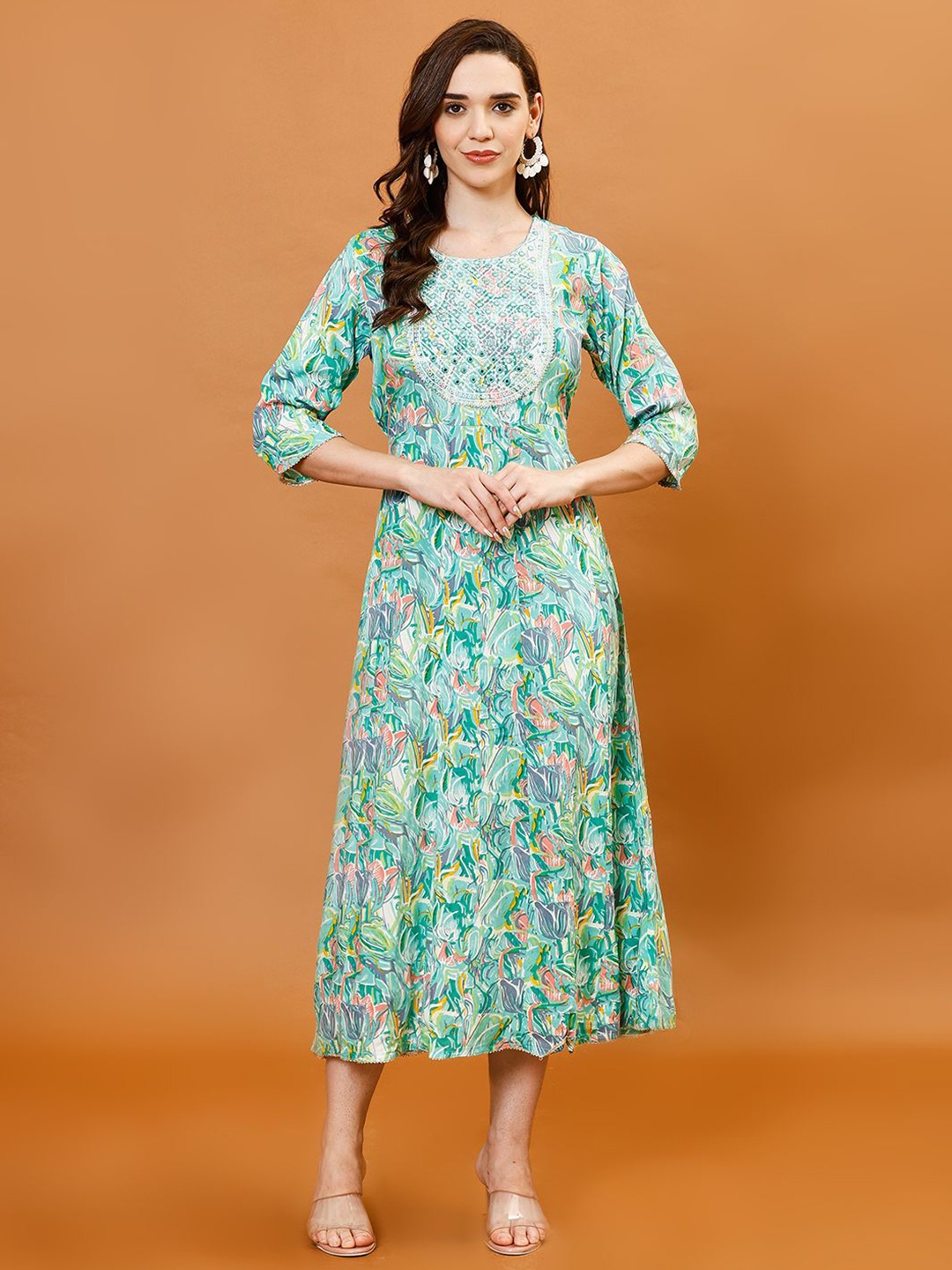 

Meena Bazaar Women Floral Printed Cotton Fit and Flare Dress, Sea green