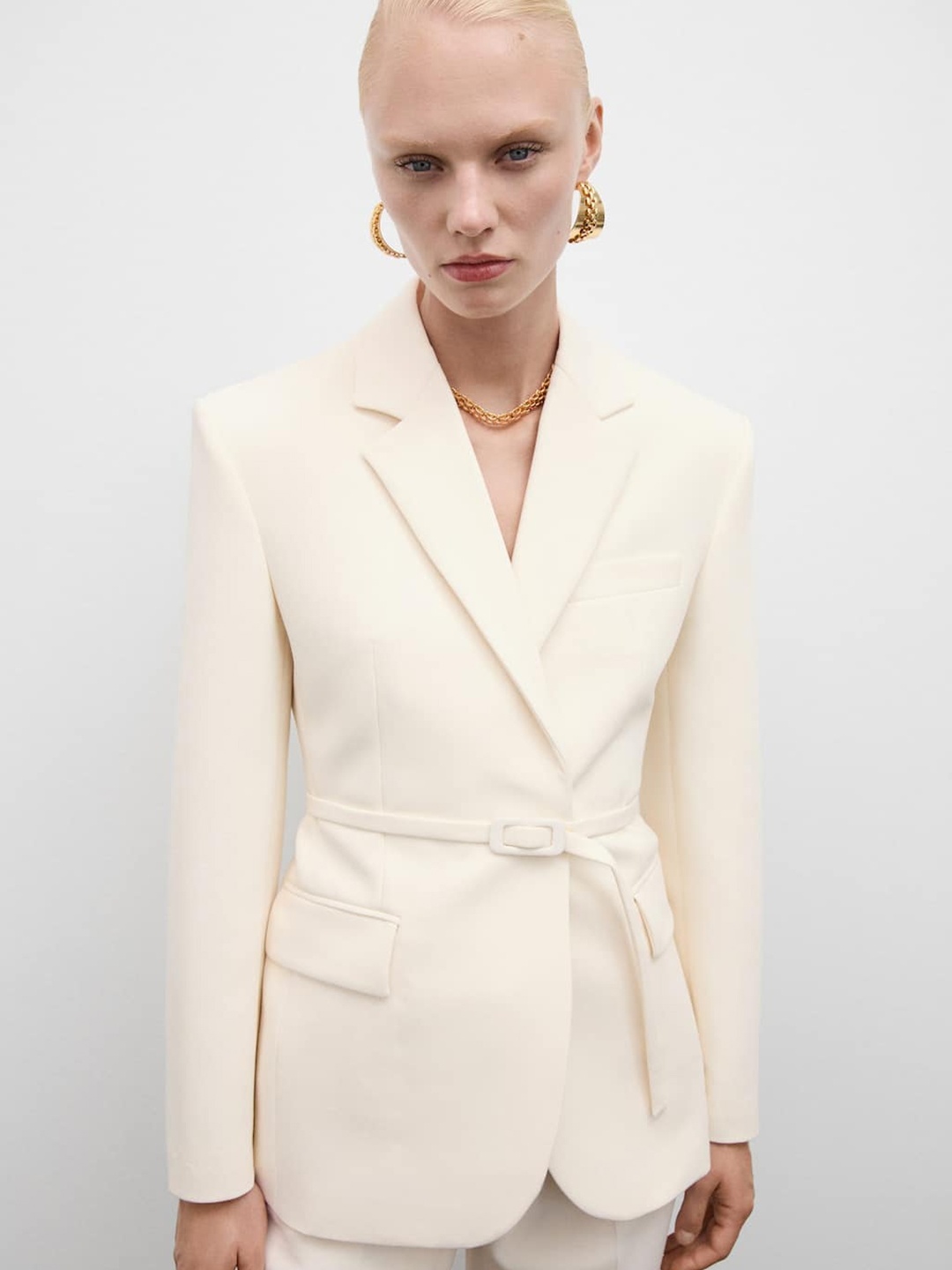 

MANGO Single-Breasted Blazer With a Belt Fastening, Cream