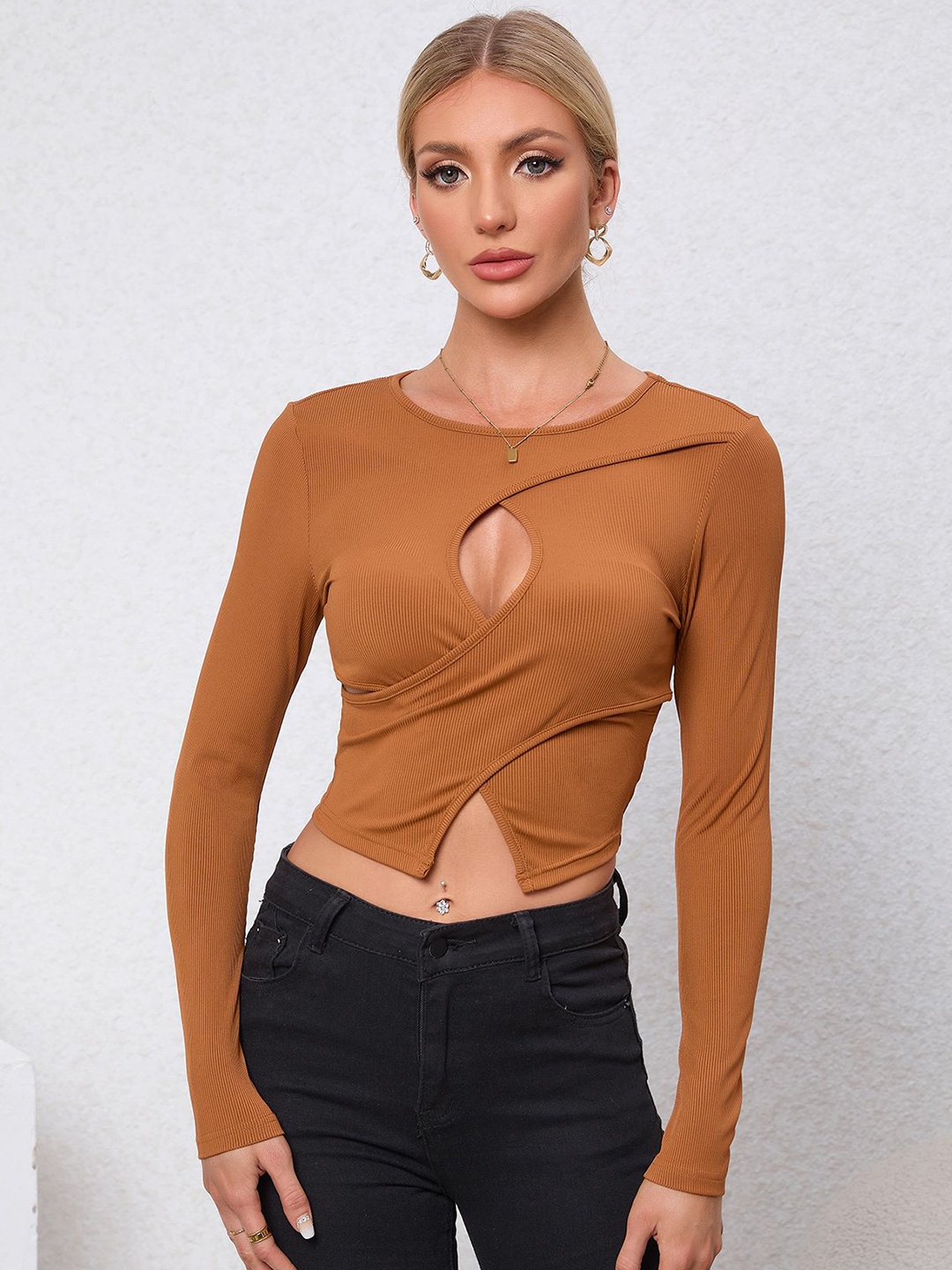 

HERE&NOW Women Round Neck Cut - Out Crop Top, Brown