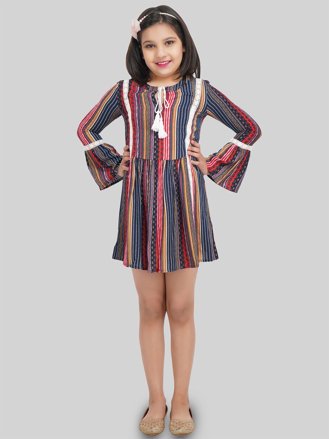 

BEING NAUGHTY Girls Striped Fit & Flare Dress, Red