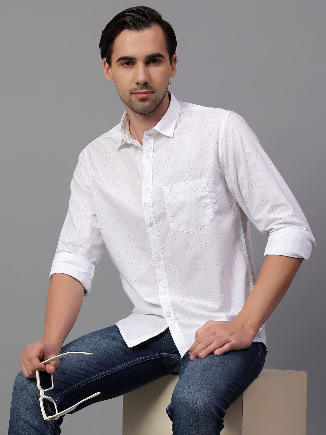 

Cantabil Men Spread Collar Micro Ditsy Printed Cotton Slim Fit Casual Shirt, White