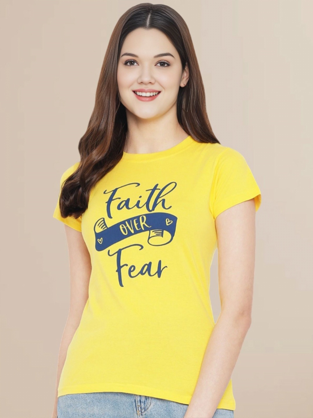 

Metronaut Women Typography Printed Round Neck Cotton T-shirt, Yellow